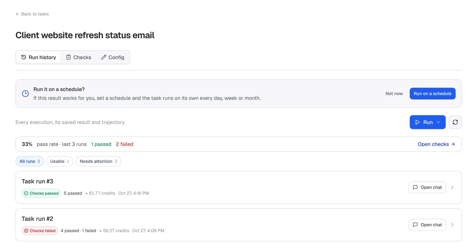 Run history for the task: run 3 with checks passed, run 2 with checks failed, each with its estimated credits and time.