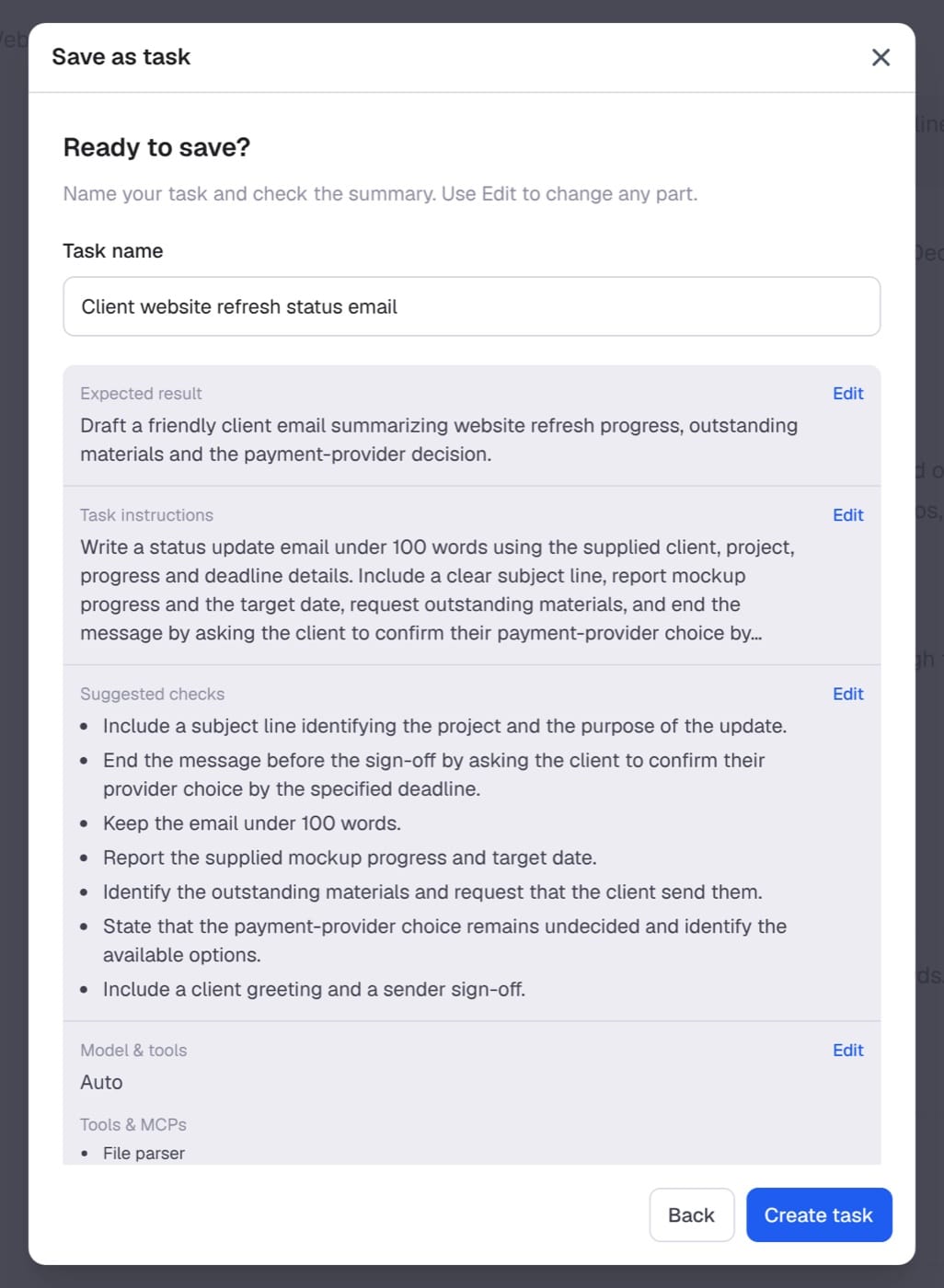 The Save as task dialog with the task name, expected result, task instructions and a list of suggested checks.